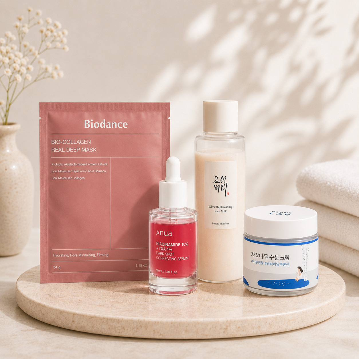 Four skincare products arranged on a round stone tray: a pink Biodance pouch, a clear bottle with a white cap, a small dropper bottle with pink liquid, and a white-and-blue jar, photographed in a softly lit spa-like setting with folded towels and leaf shadows in the background.